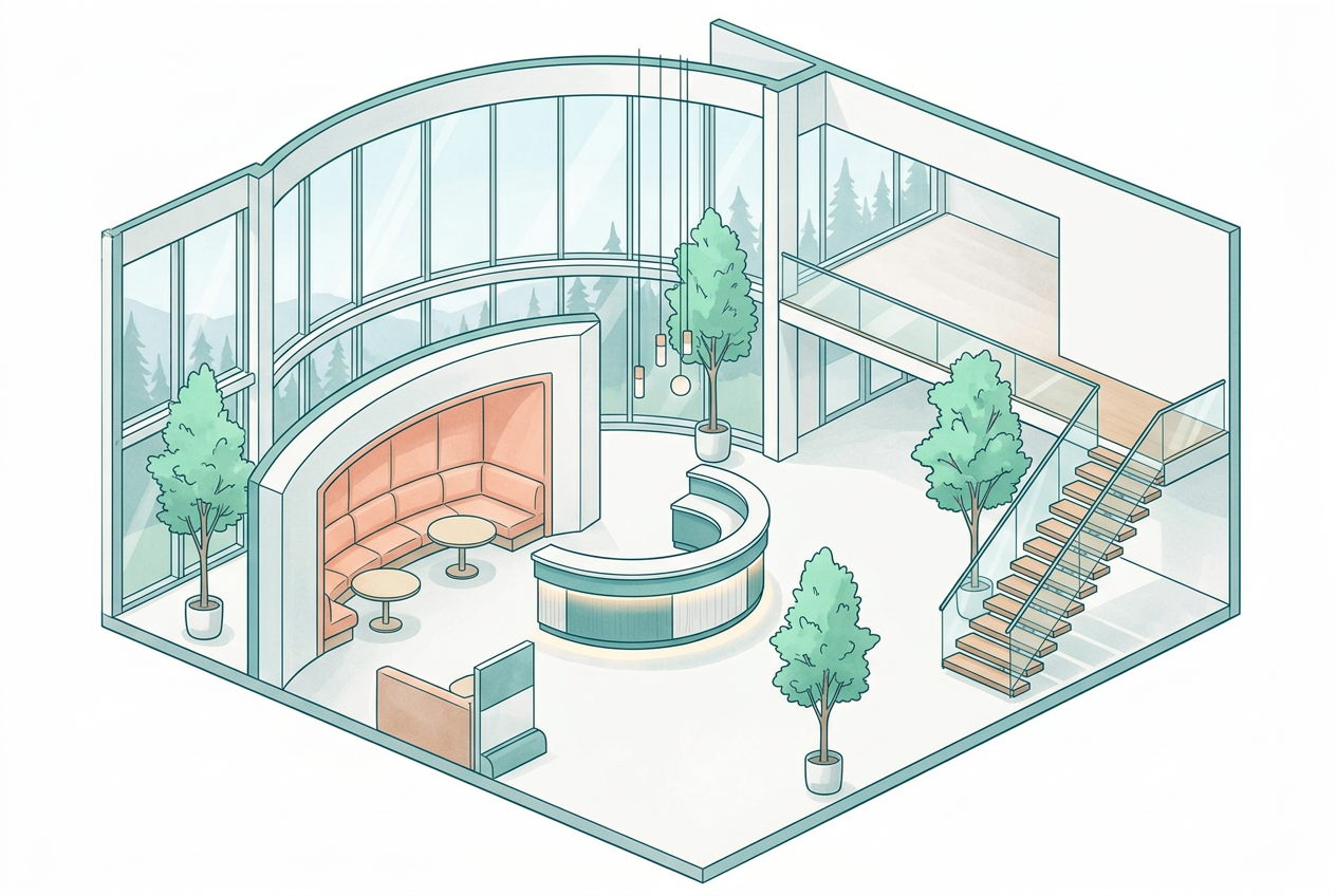 Illustrated commercial reception atrium with a curved desk, peach seating, and a mezzanine